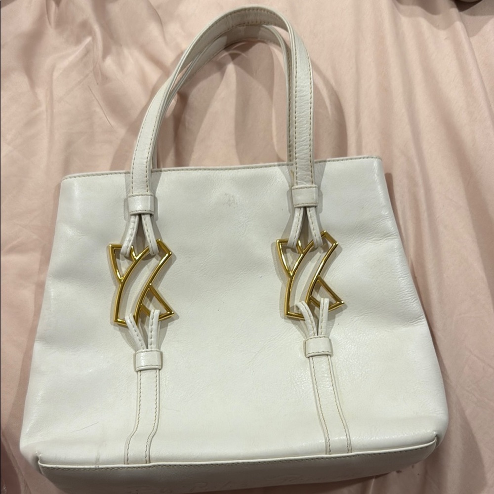 Paloma Picasso Elegant White Tote Bag with Gold Accents